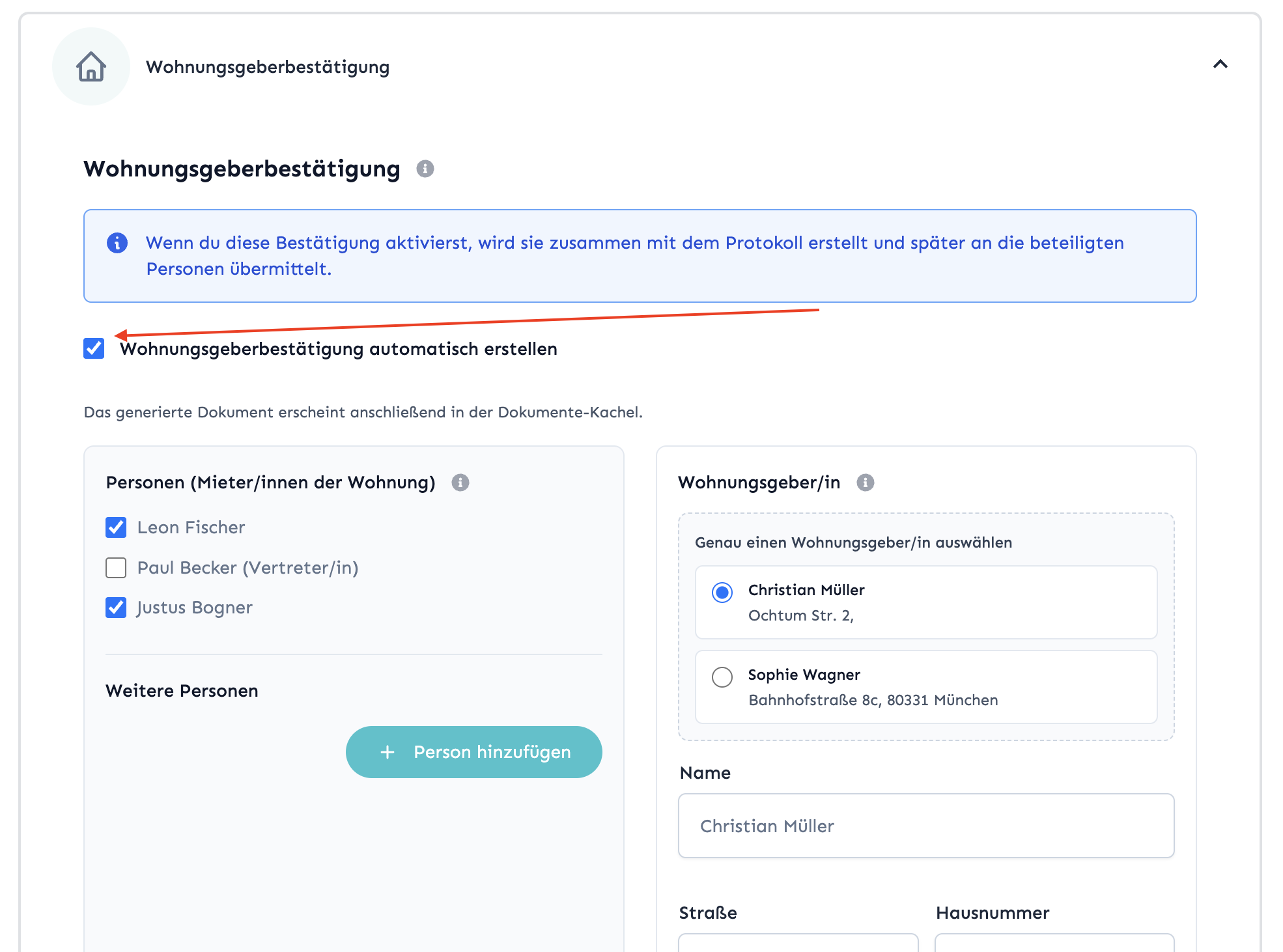 Screenshot: Checkbox 'Wohnungsgeberbestätigung automatisch erstellen'