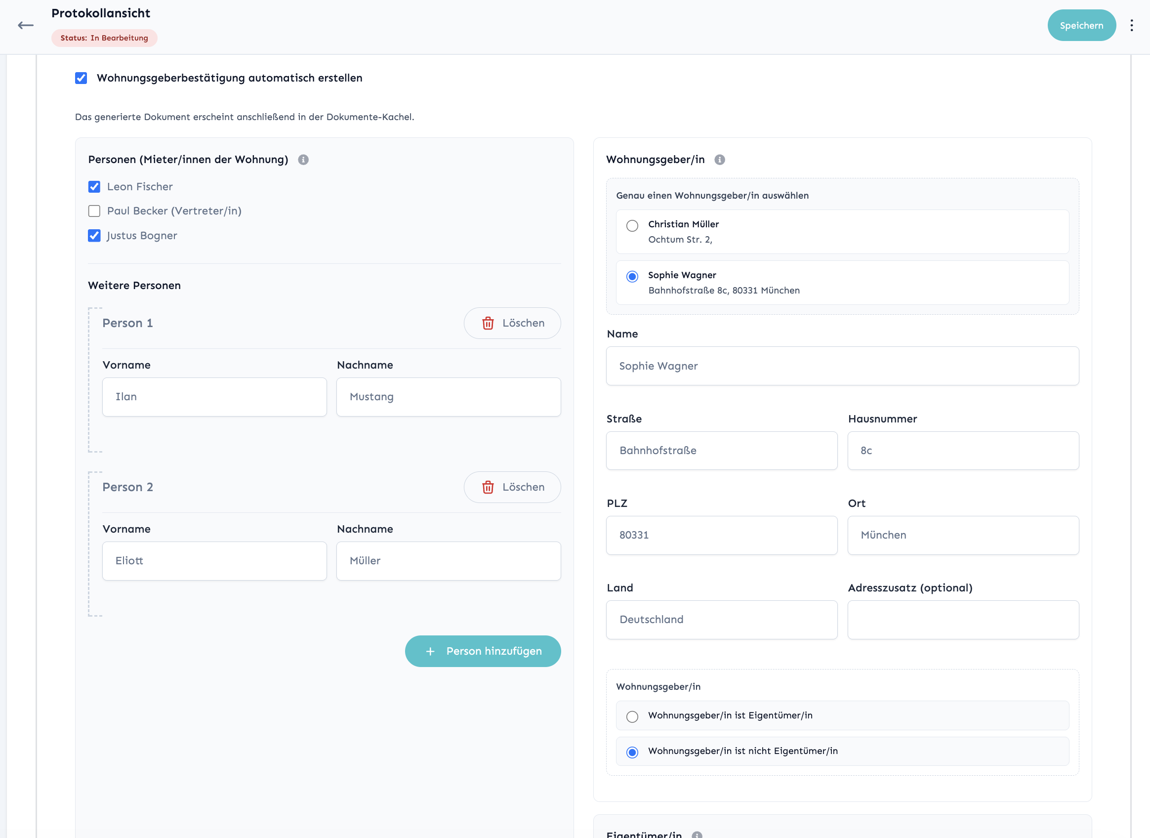 Screenshot: Bereich mit Checkbox 'Wohnungsgeberbestätigung automatisch erstellen' und der Checkbox-Liste der Personen