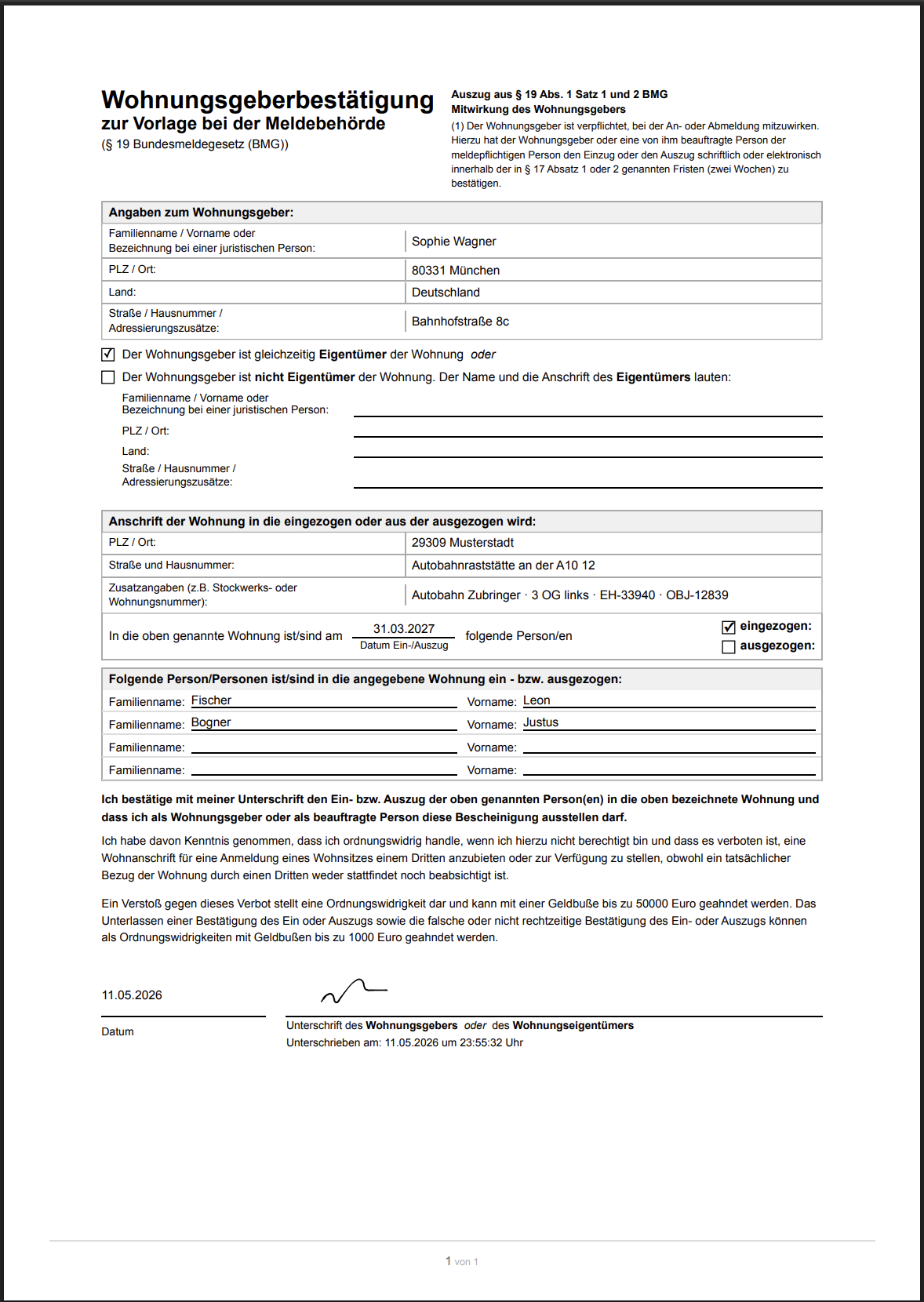 Screenshot: Vorschau der Wohnungsgeberbestätigung mit den wichtigsten Feldern und der digitalen Unterschrift