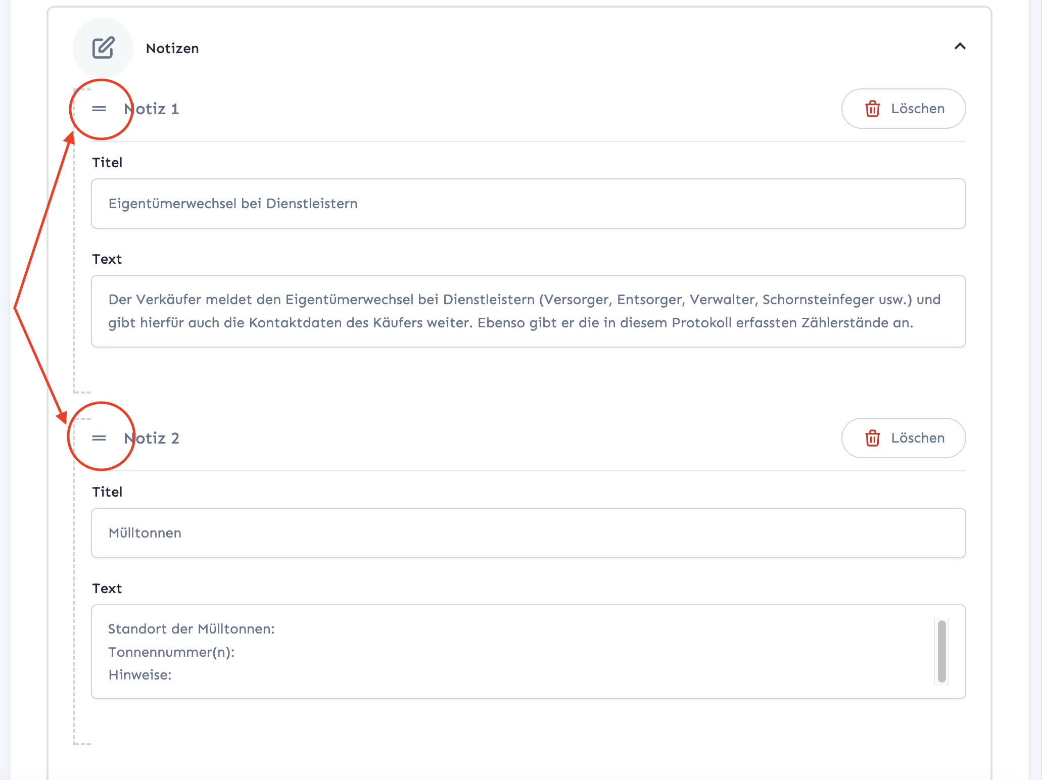 Screenshot: Das Griff-Symbol links am Notizeintrag, an dem der Eintrag per Drag & Drop verschoben wird