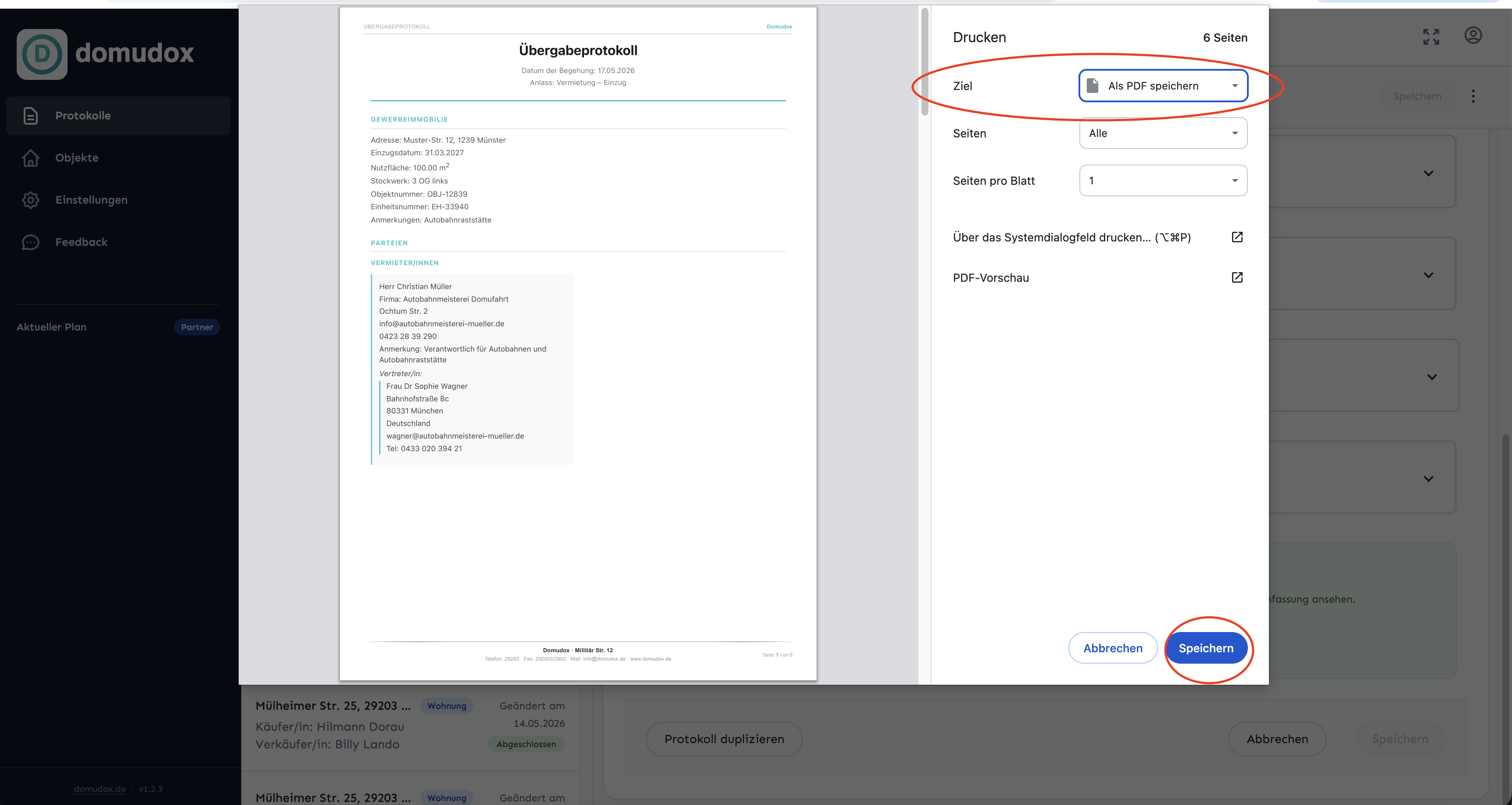 Druckvorschau des PDF-Protokolls im Browser mit Drucken-Dialog