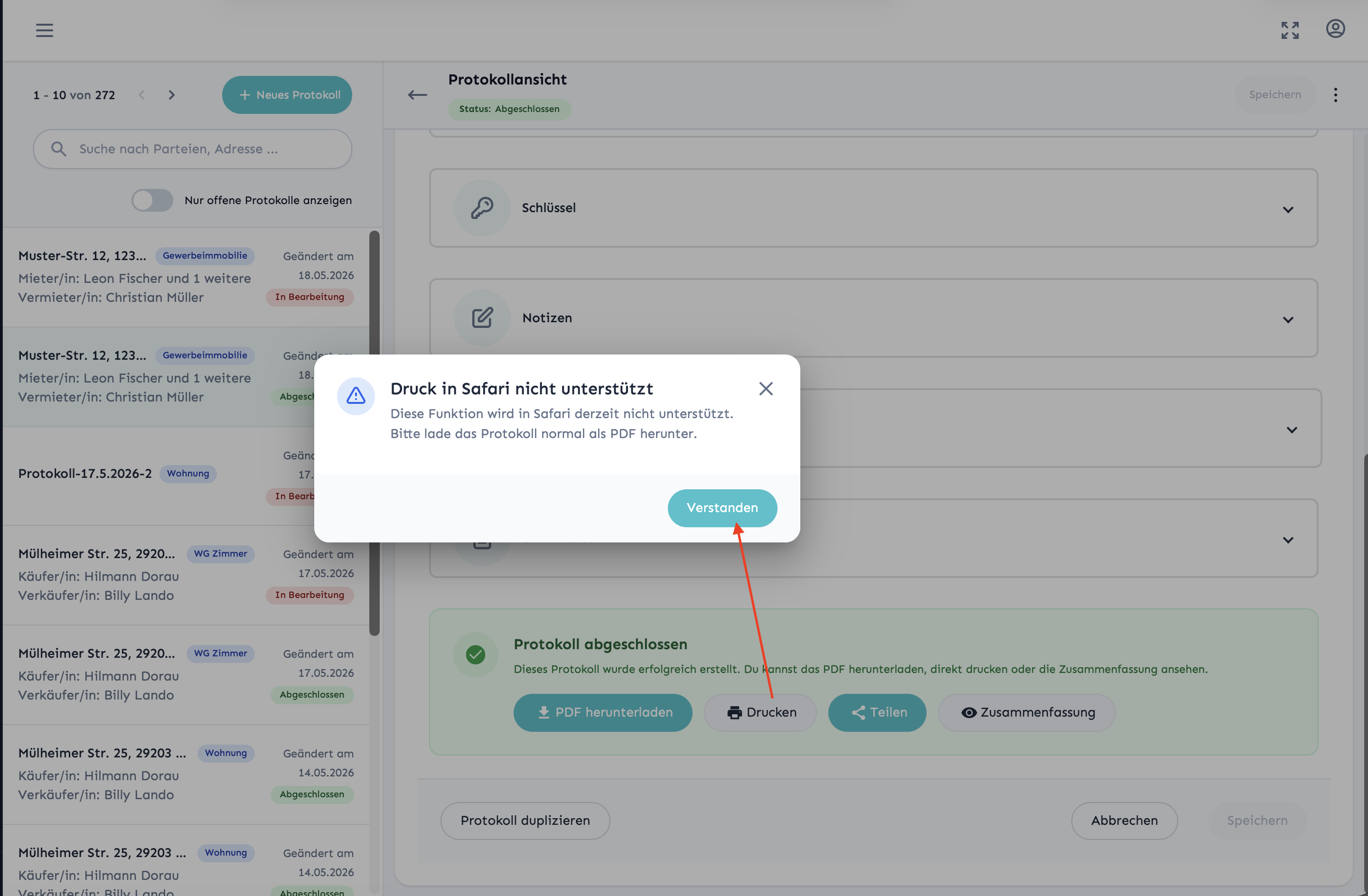 Druckvorschau des PDF-Protokolls im Browser mit Drucken-Dialog und Hinweis