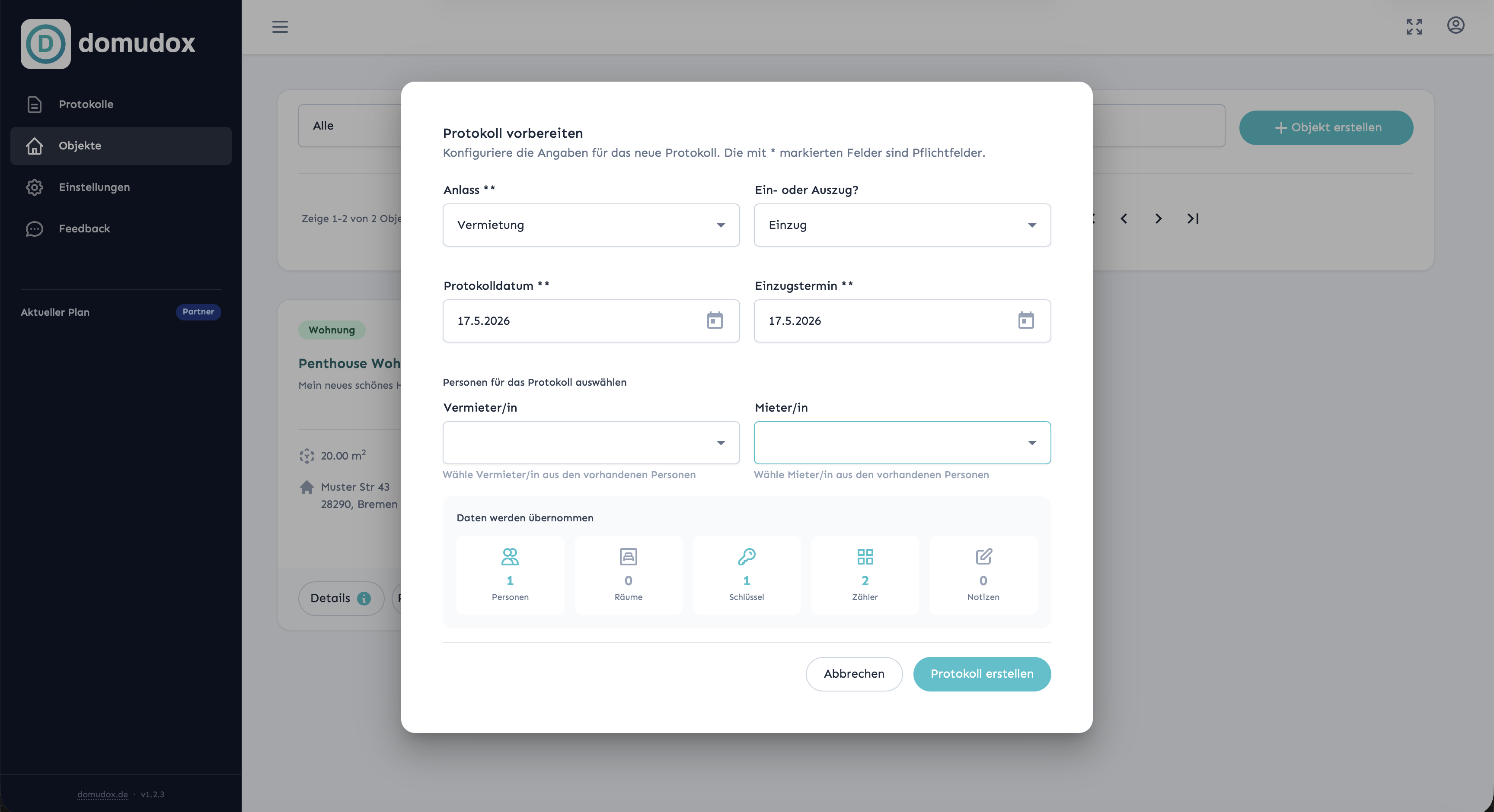 Dialog zum Starten eines neuen Protokolls in Domudox, wenn man über den Button in der Objektliste geht