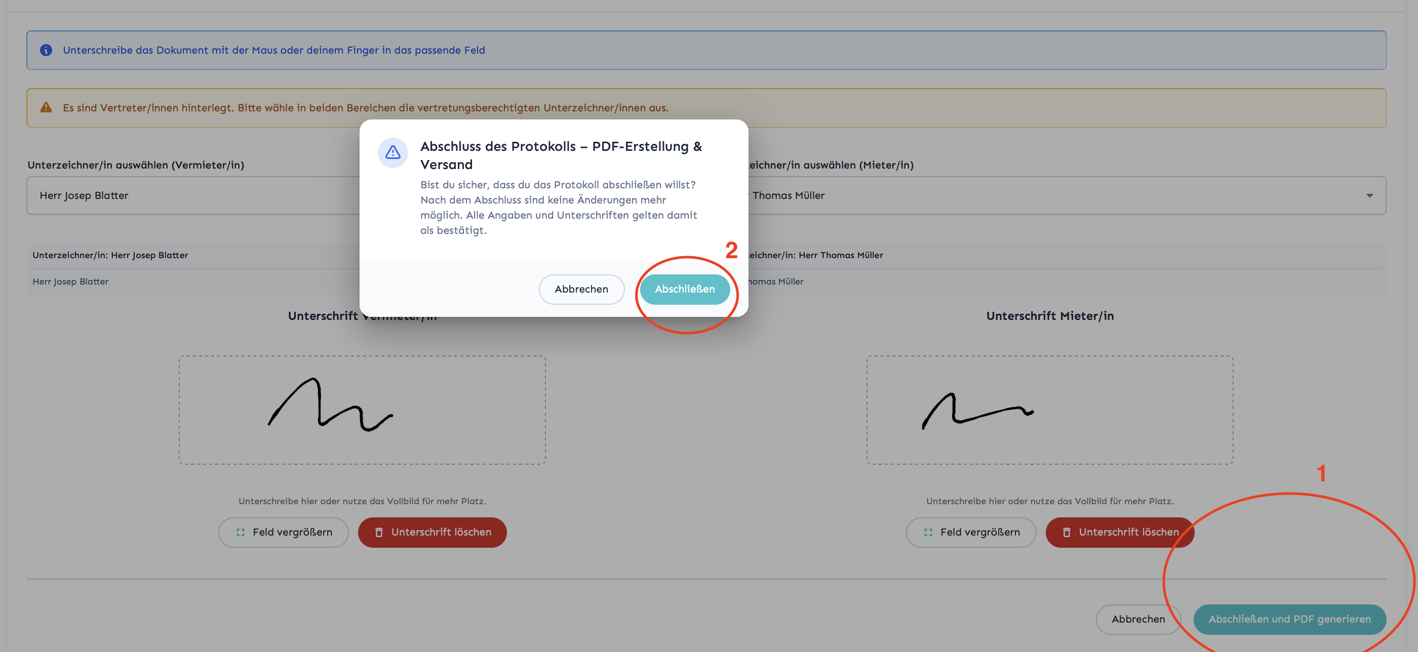 Screenshot: Abschluss des Protokolls im Dashboard