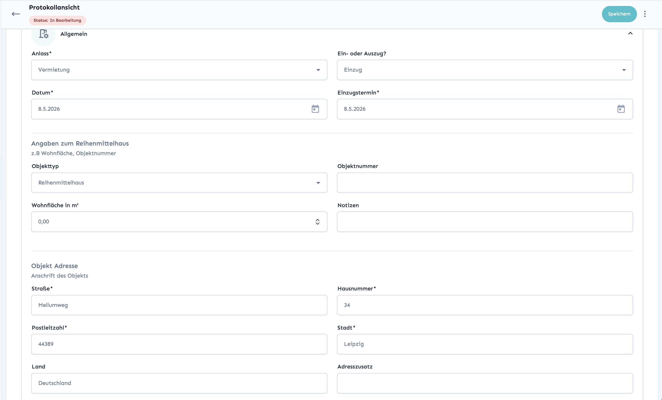Screenshot: Erfassung der Objektdaten im Protokoll