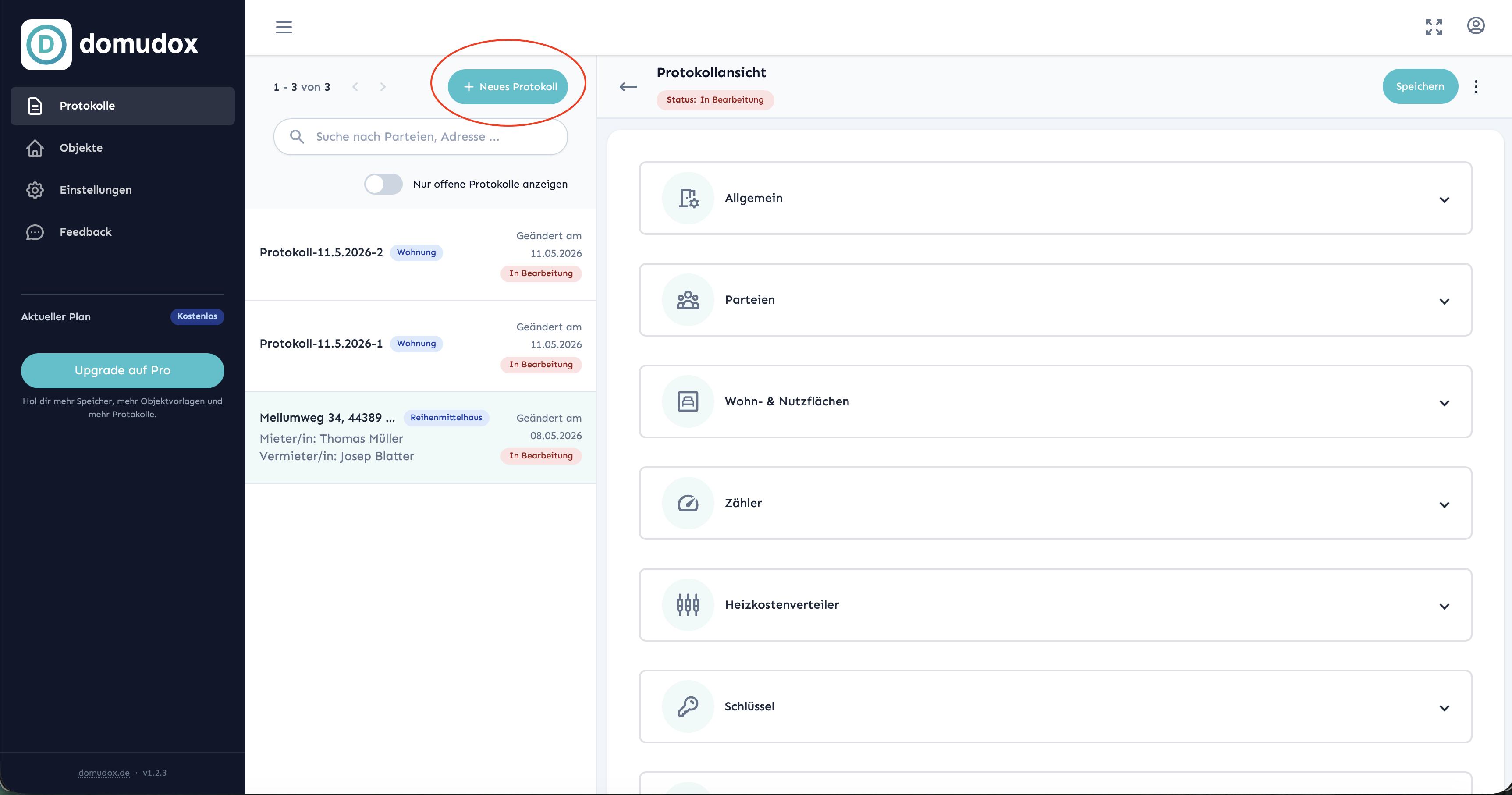 Screenshot: Dashboard mit Button 'Neues Protokoll'