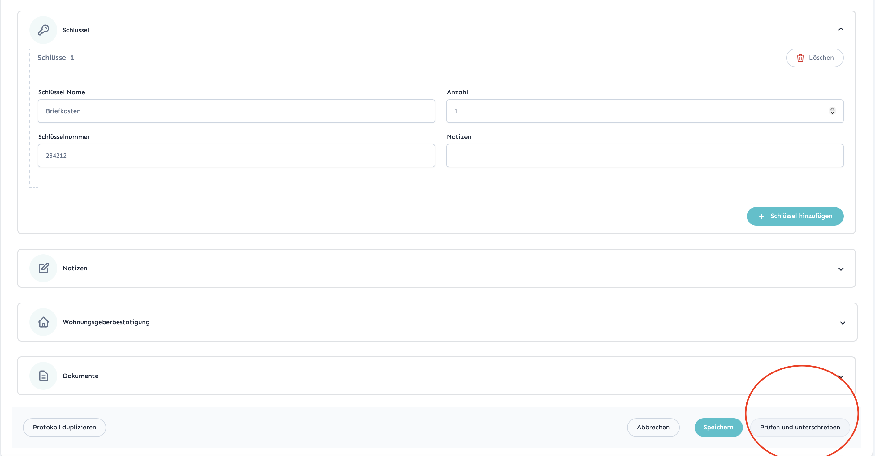 Screenshot: Protokoll abschließen im Dashboard