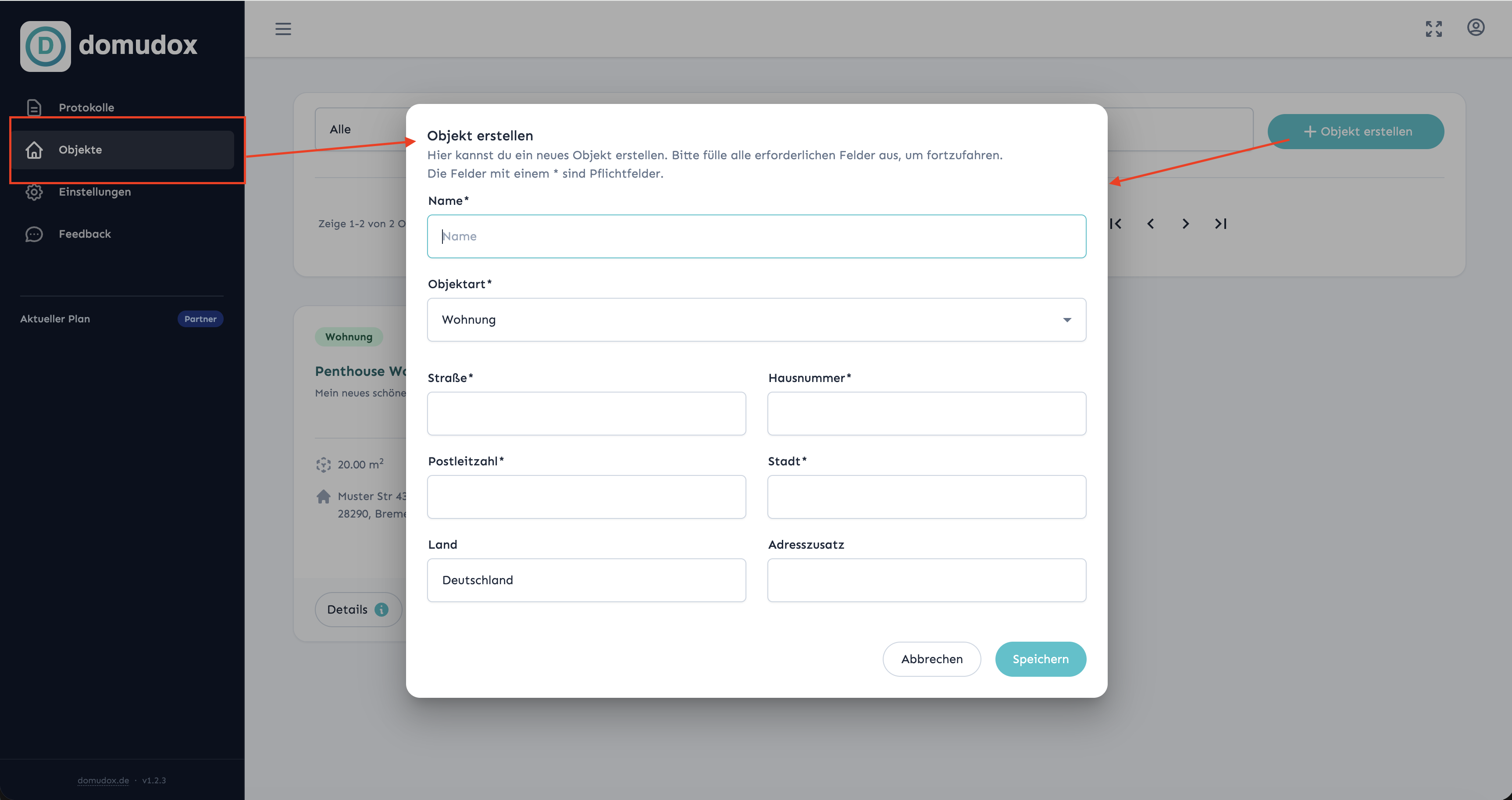 Formular zum Anlegen eines neuen Objekts mit Adresse und Objekttyp-Auswahl in Domudox