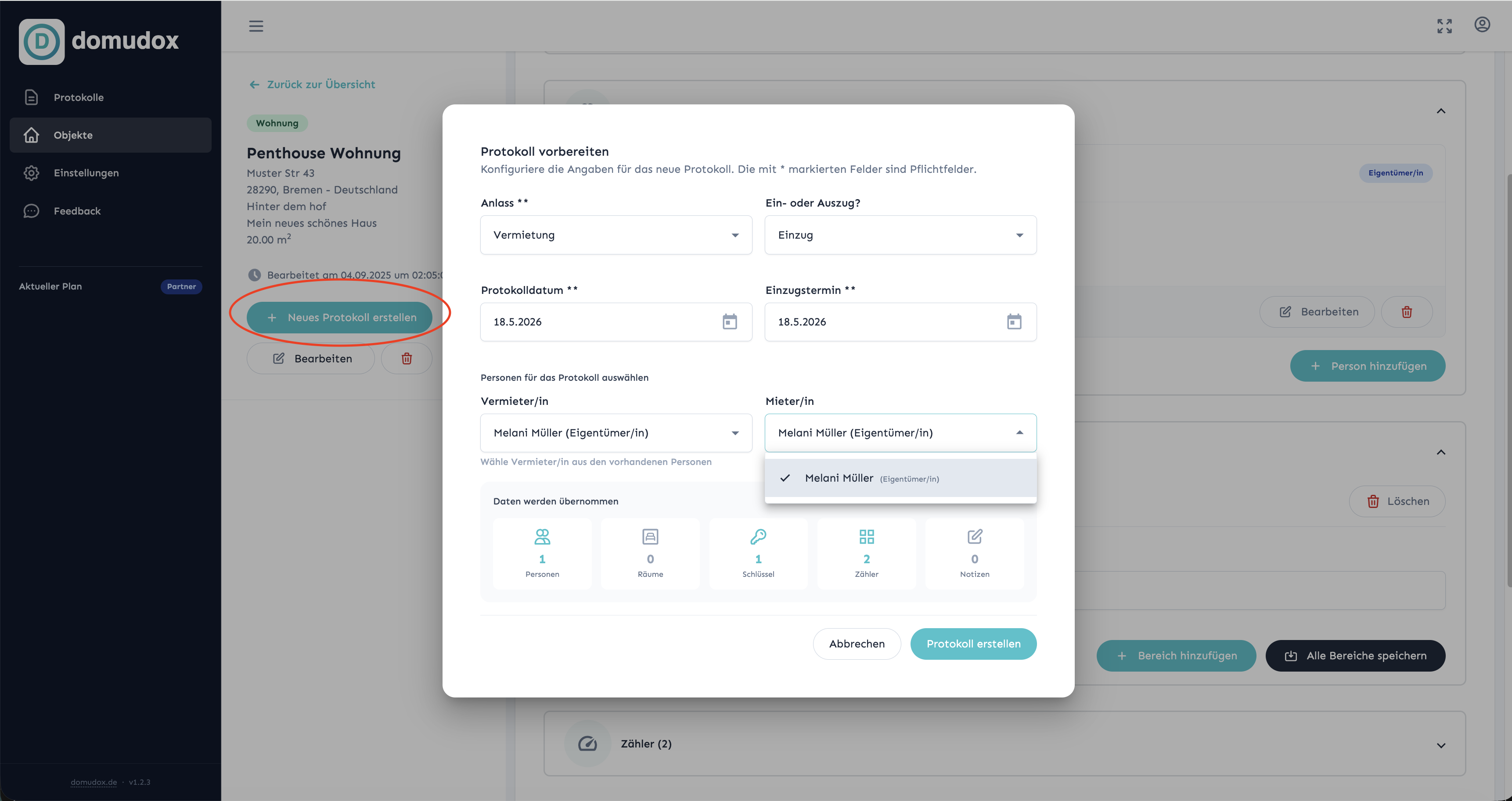 Objekt-Detailansicht mit Button zum Starten eines neuen Protokolls