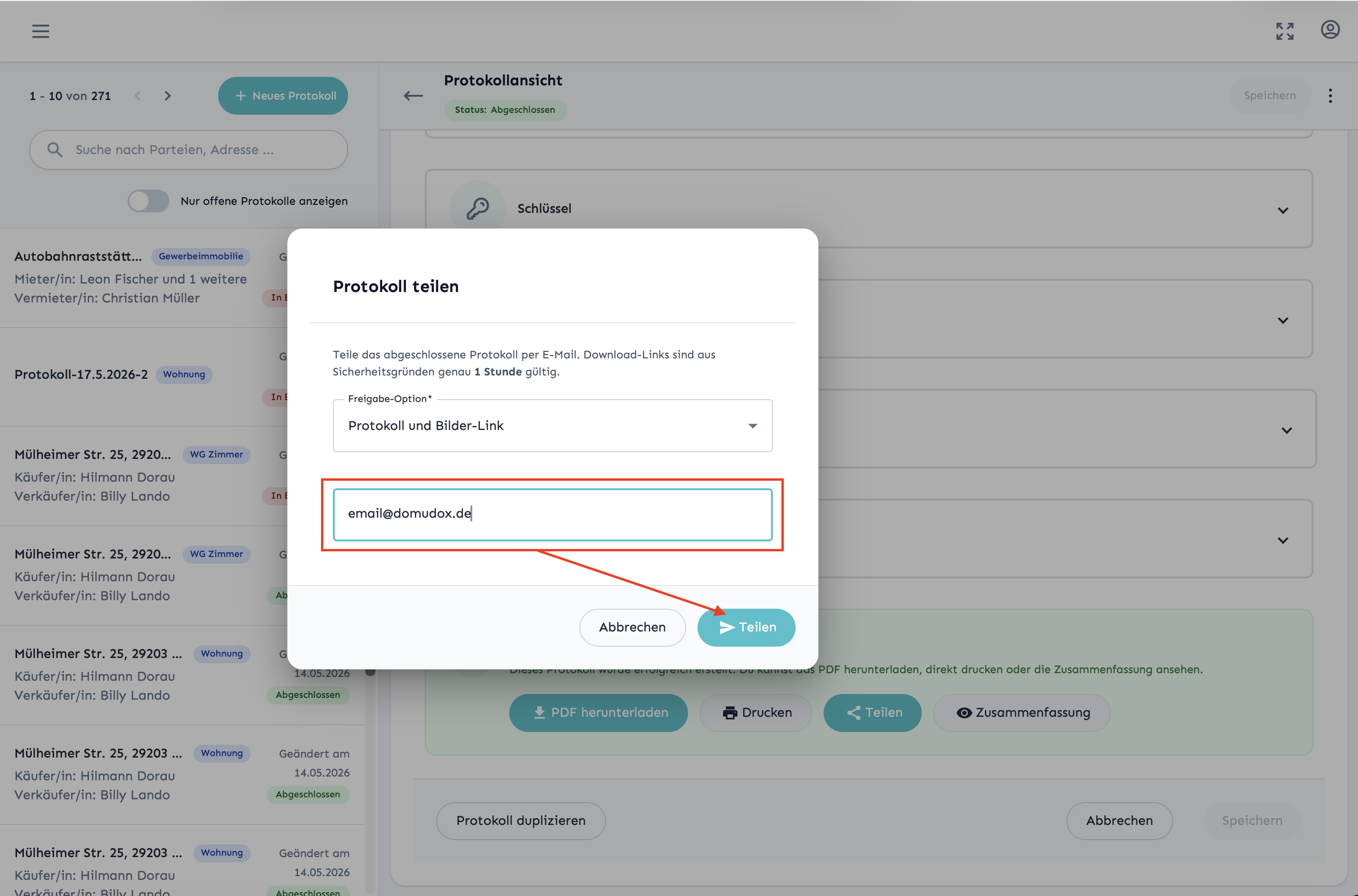 E-Mail-Versand-Dialog mit zusätzlichen Empfänger-Feldern und Senden-Button