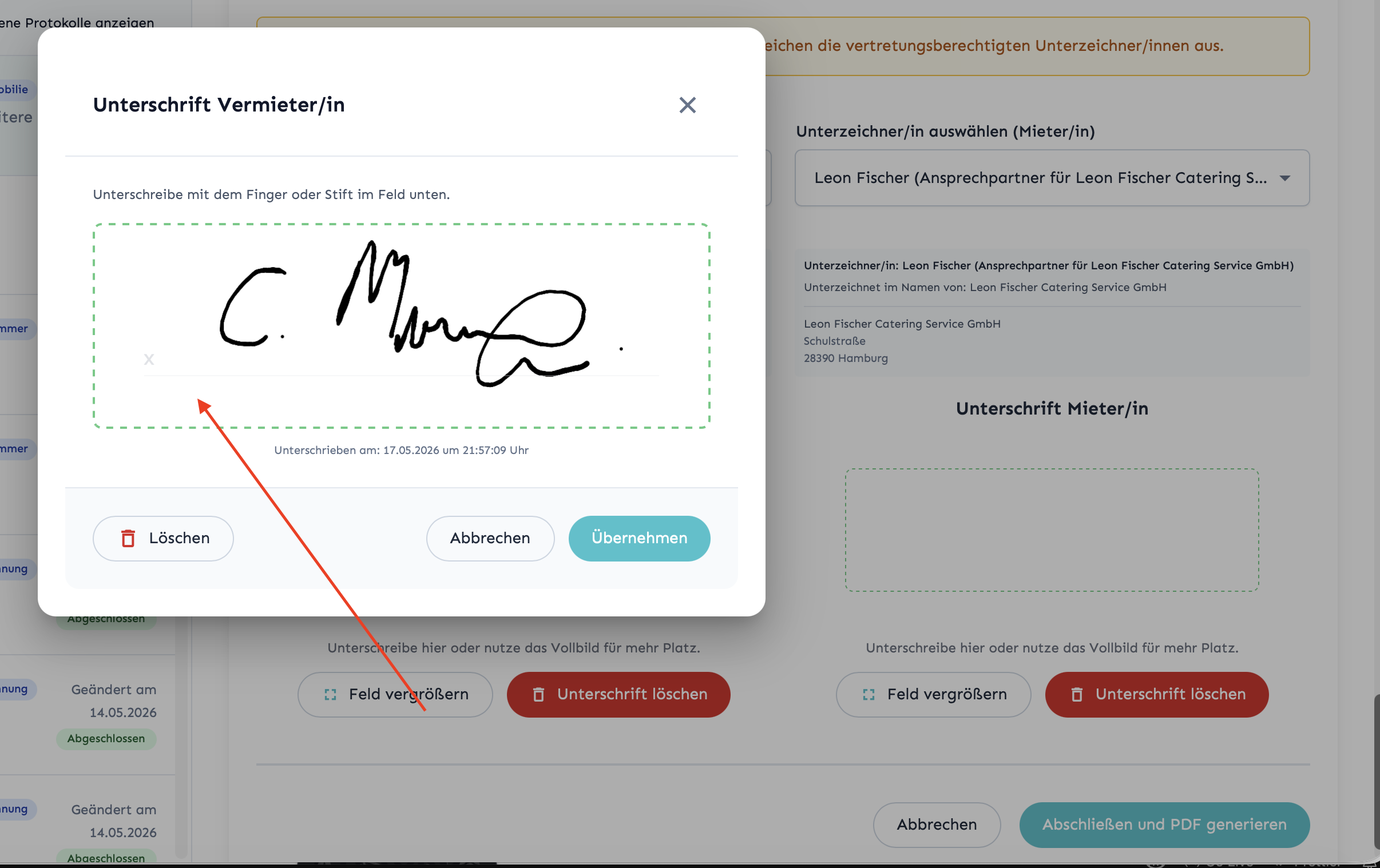 Geöffnetes Signaturfeld mit Finger-Unterschrift auf dem Tablet