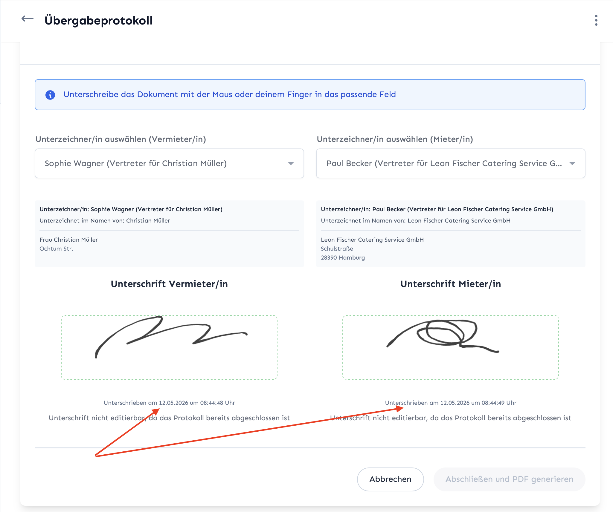 Abgeschlossener Unterschriften-Bereich mit Zeitstempeln neben beiden Signaturen