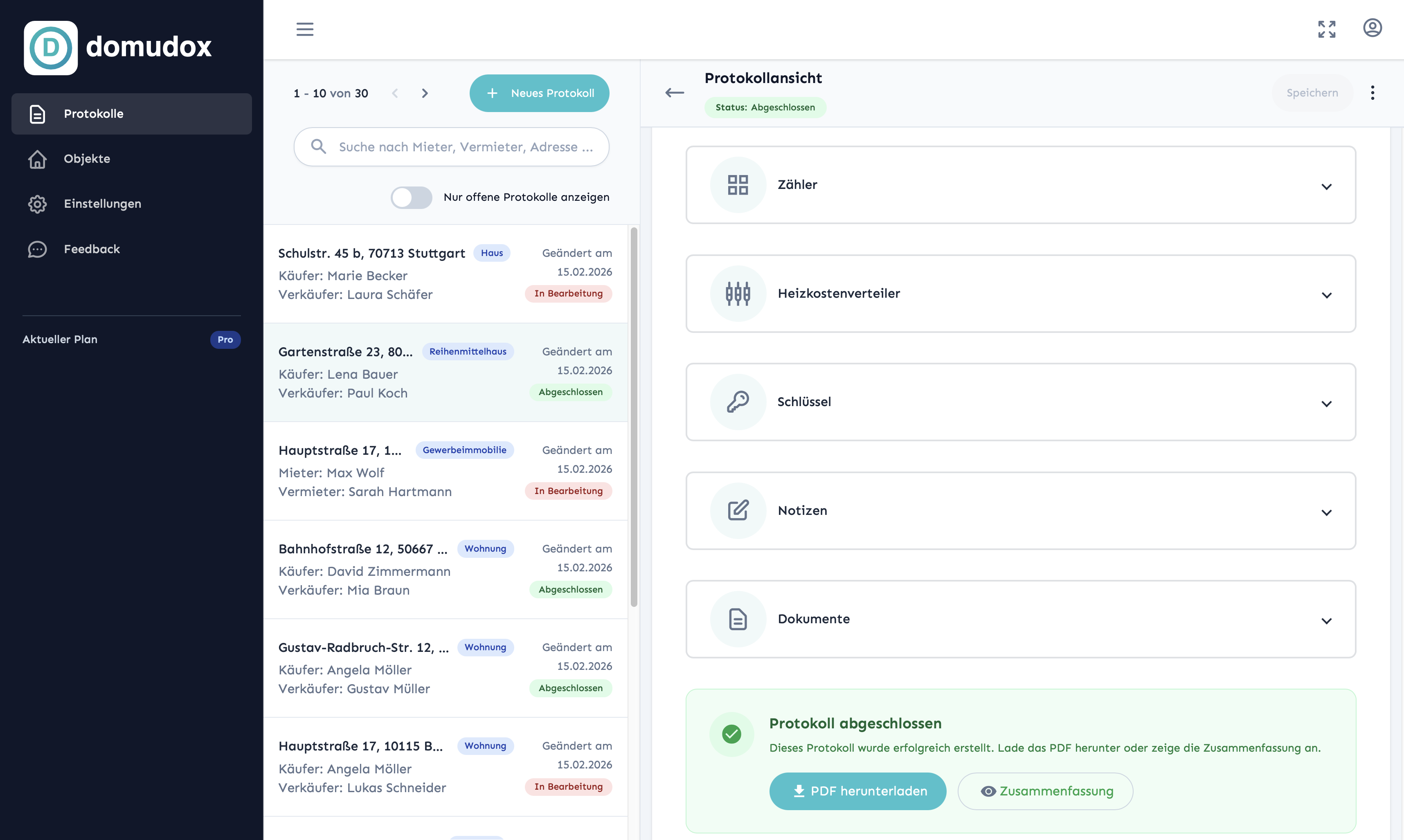 Domudox App - Digitale Wohnungsübergabeprotokolle Dashboard