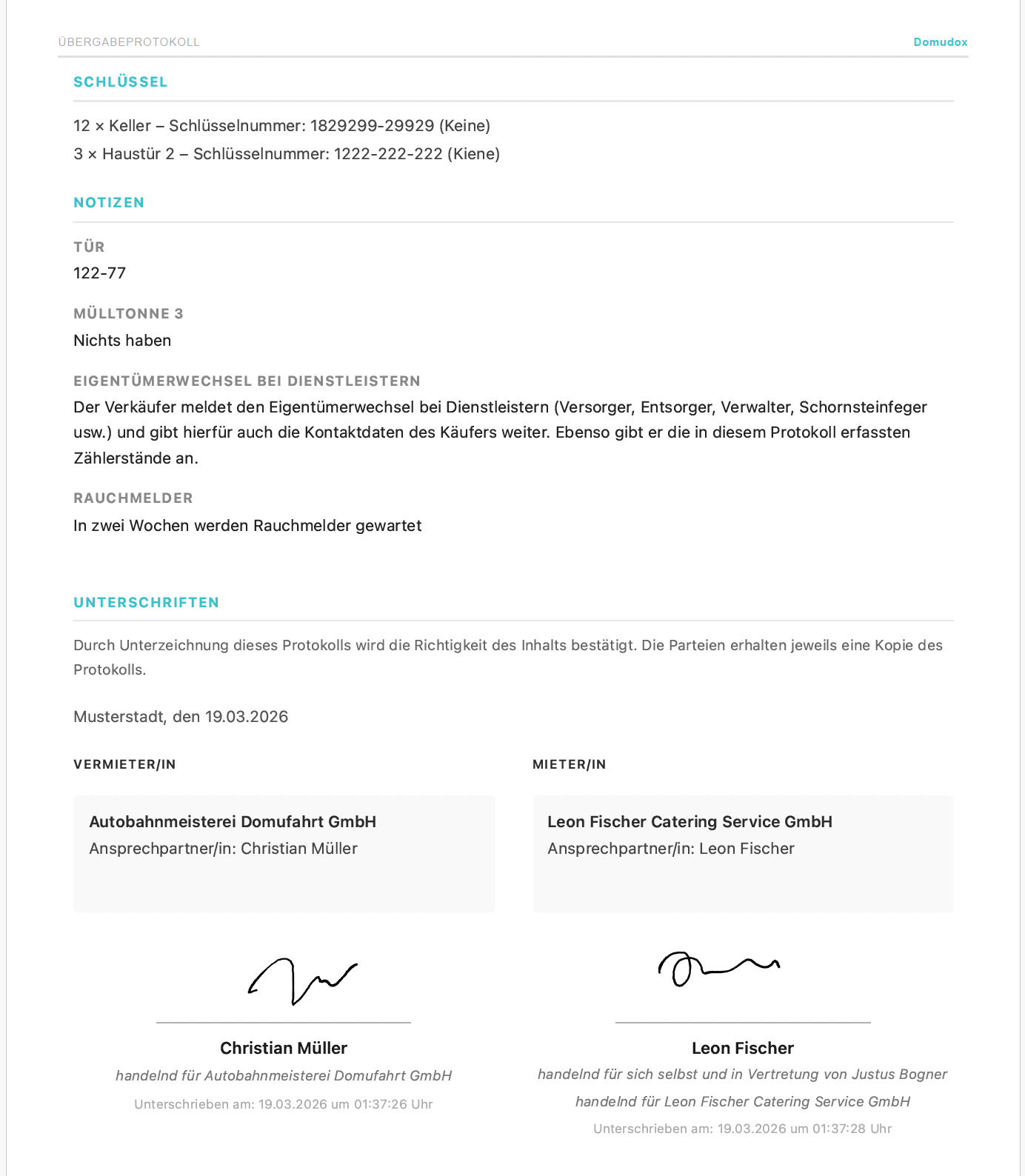 Übergabeprotokoll PDF - Weitere Notizen und Unterschriften